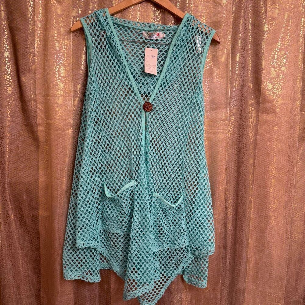 India Boutique Aqua Blue Fishnet Mesh Hooded Swim Coverup NWT